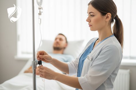 Медсестра настраивает капельницу пациенту для детоксикации габапентина